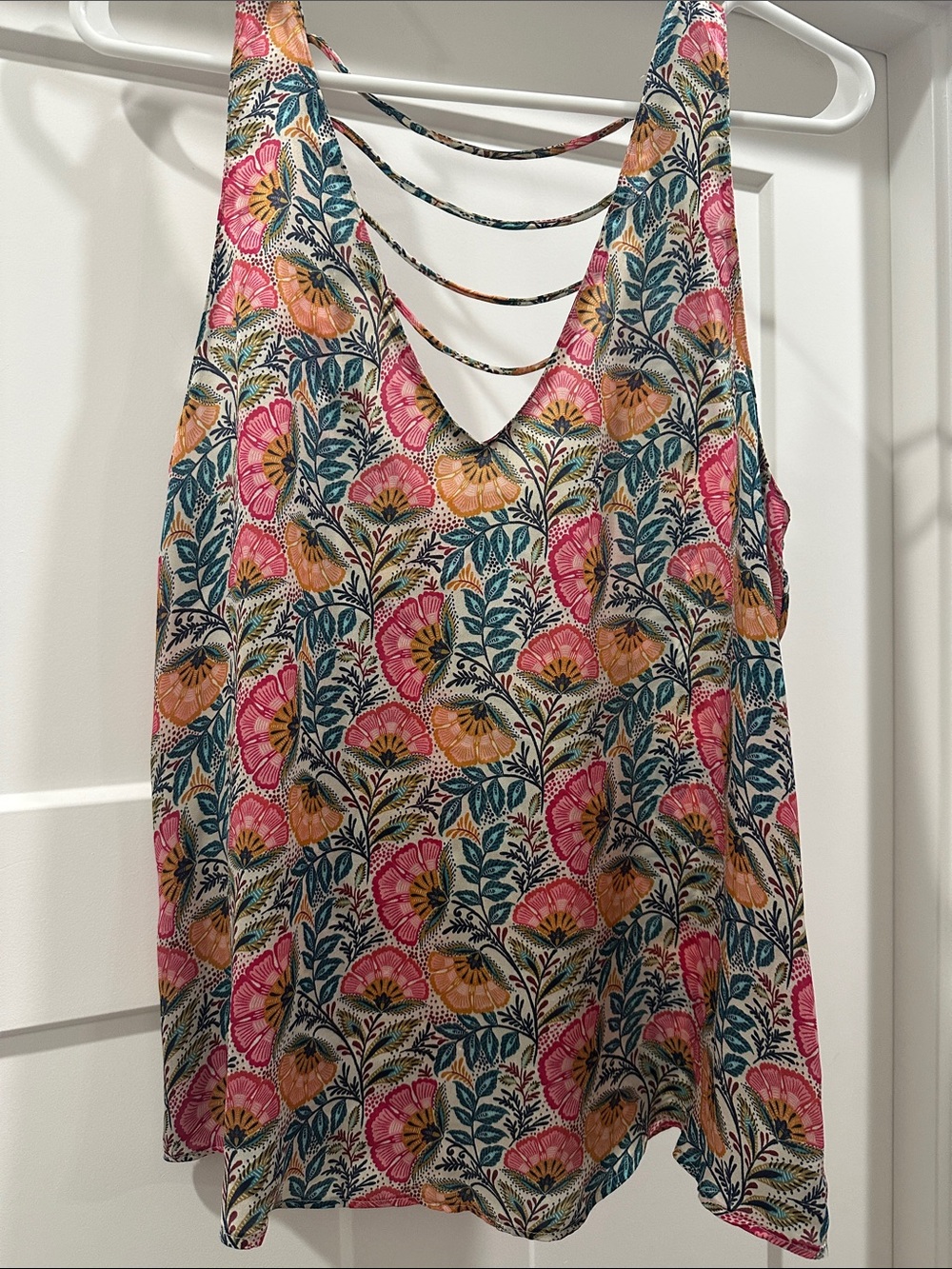 Floral V-Neck Strappy Back Tank Top - Pink & Teal